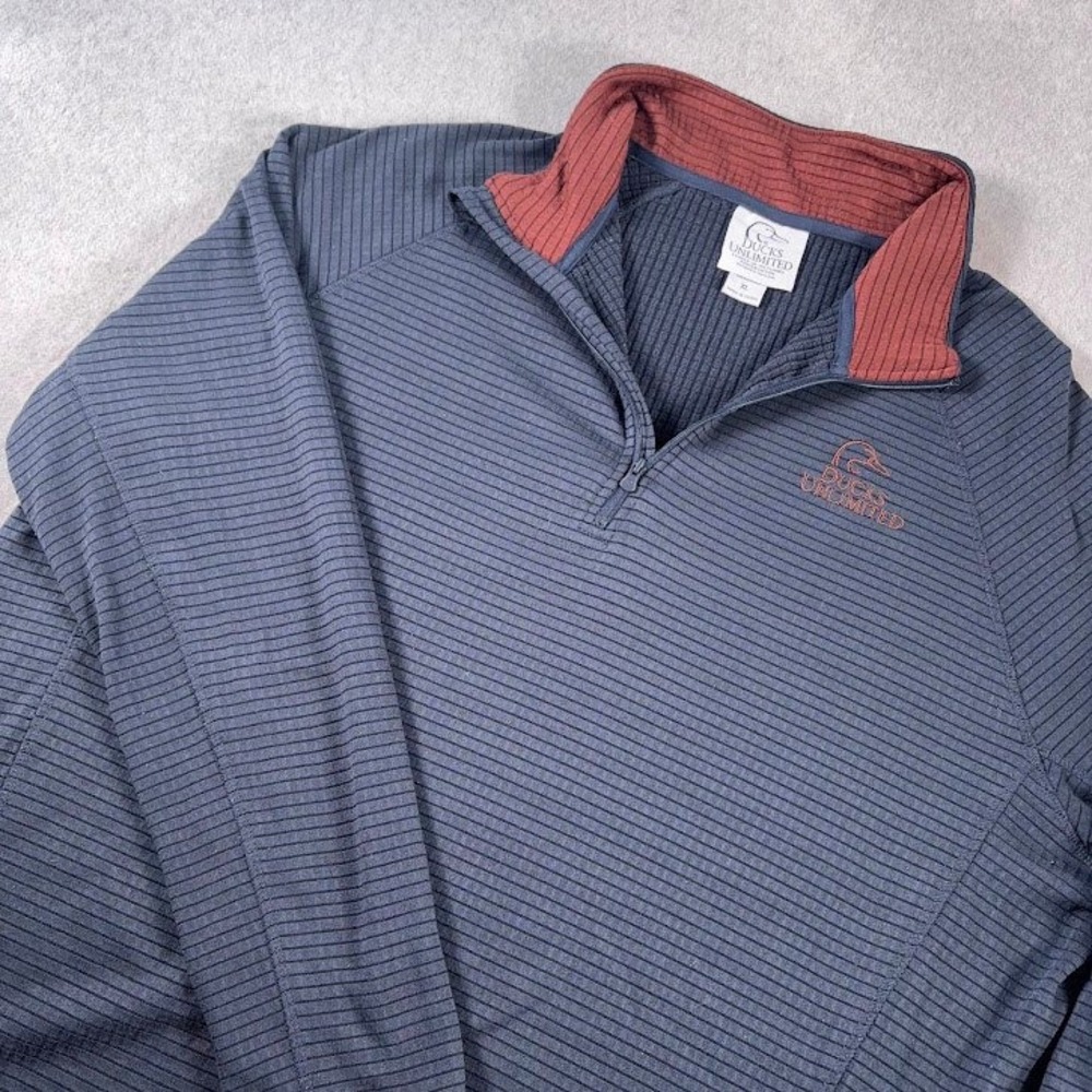 Ducks Unlimited Quarter Zip Pullover Mens XL Blue Striped Textured Logo VTG